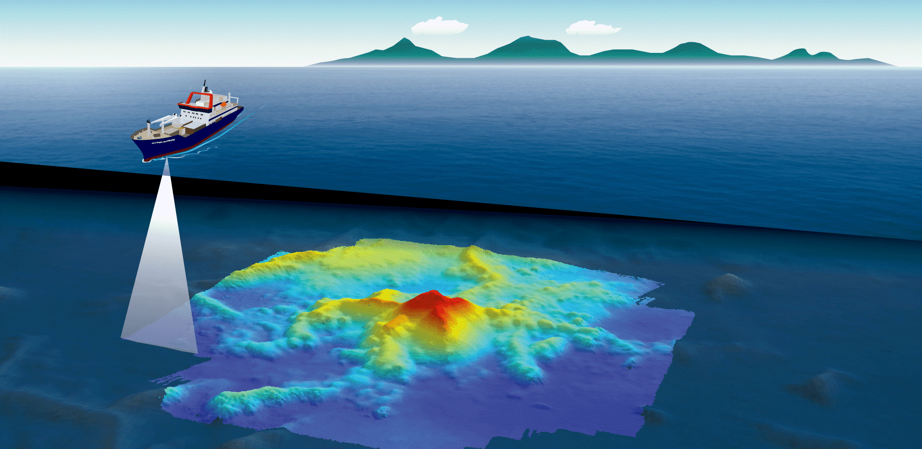Navire océanographique en détection radar au dessus de la zone volcanique